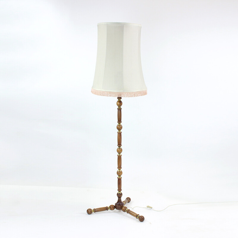 Vintage floor lamp in oak and brass, Czechoslovakia 1950s