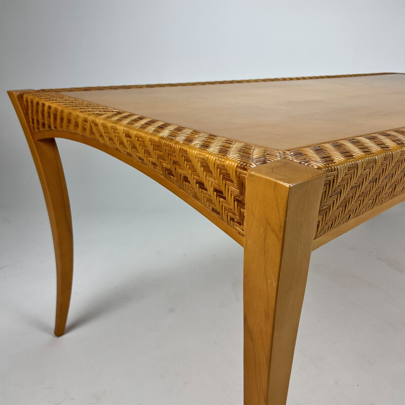 Vintage birch and wicker table, Italy 1980s