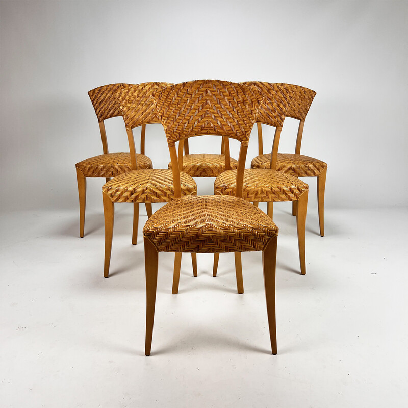 Vintage birch and wicker chairs, Italy 1980s