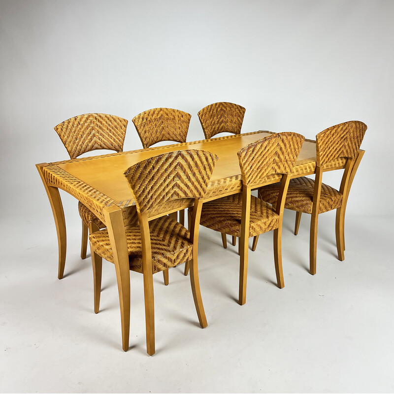 Vintage birch and wicker dining set, Italy 1980s