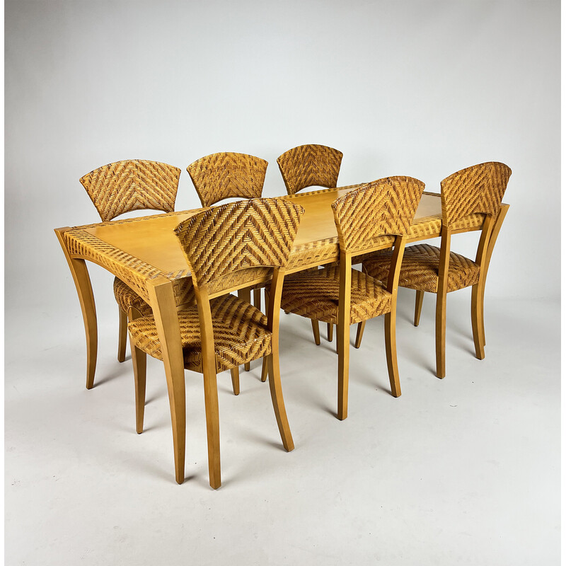 Vintage birch and wicker dining set, Italy 1980s