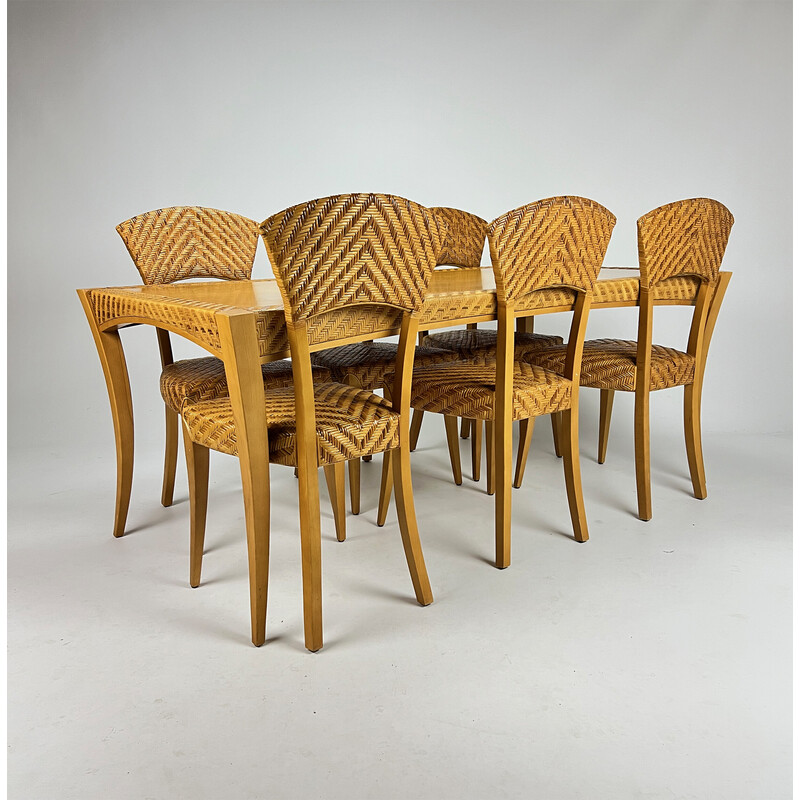 Vintage birch and wicker dining set, Italy 1980s