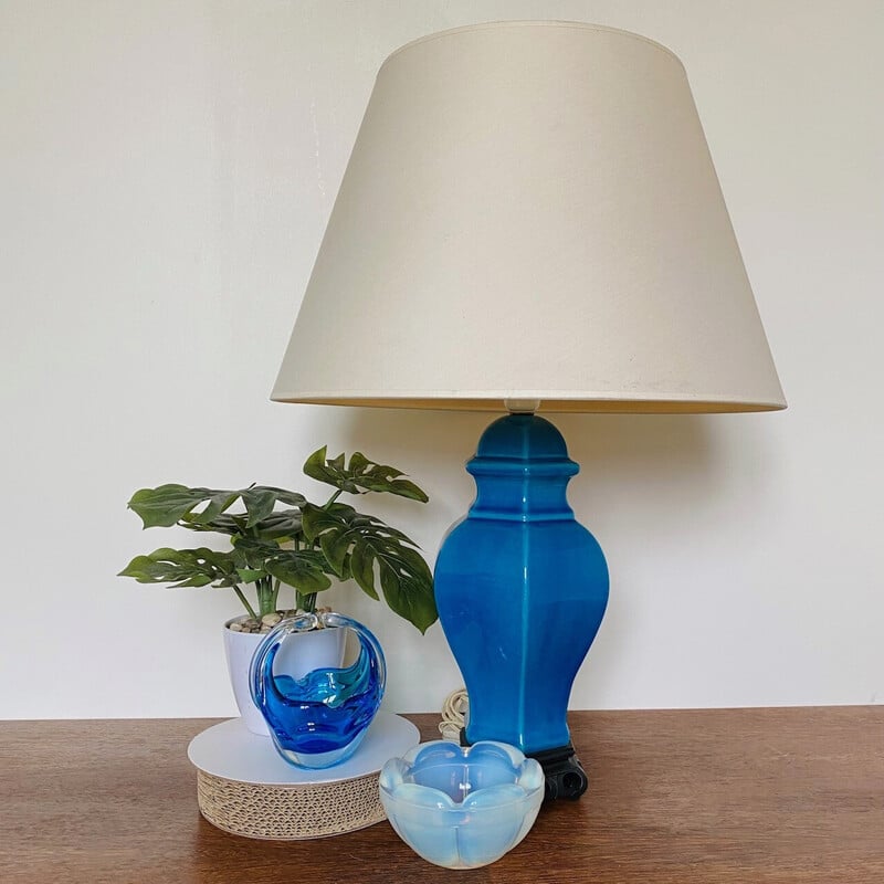 Lámpara de mesa vintage de cerámica azul turquesa, Francia años 80