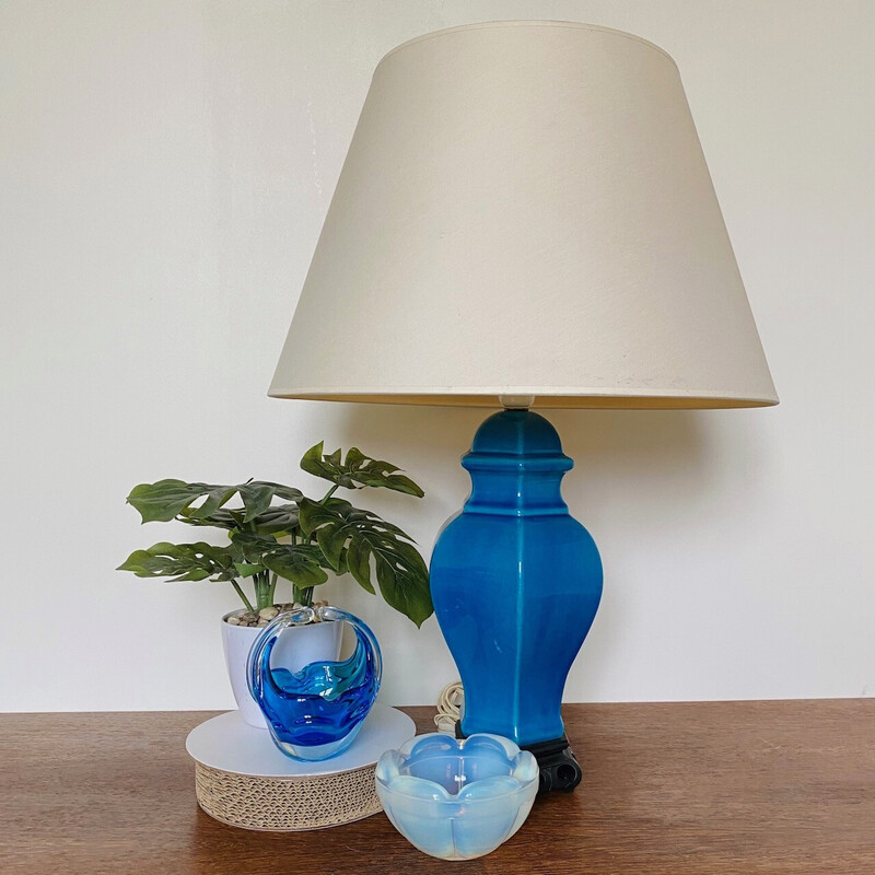 Vintage turquoise blue ceramic table lamp, France 1980s