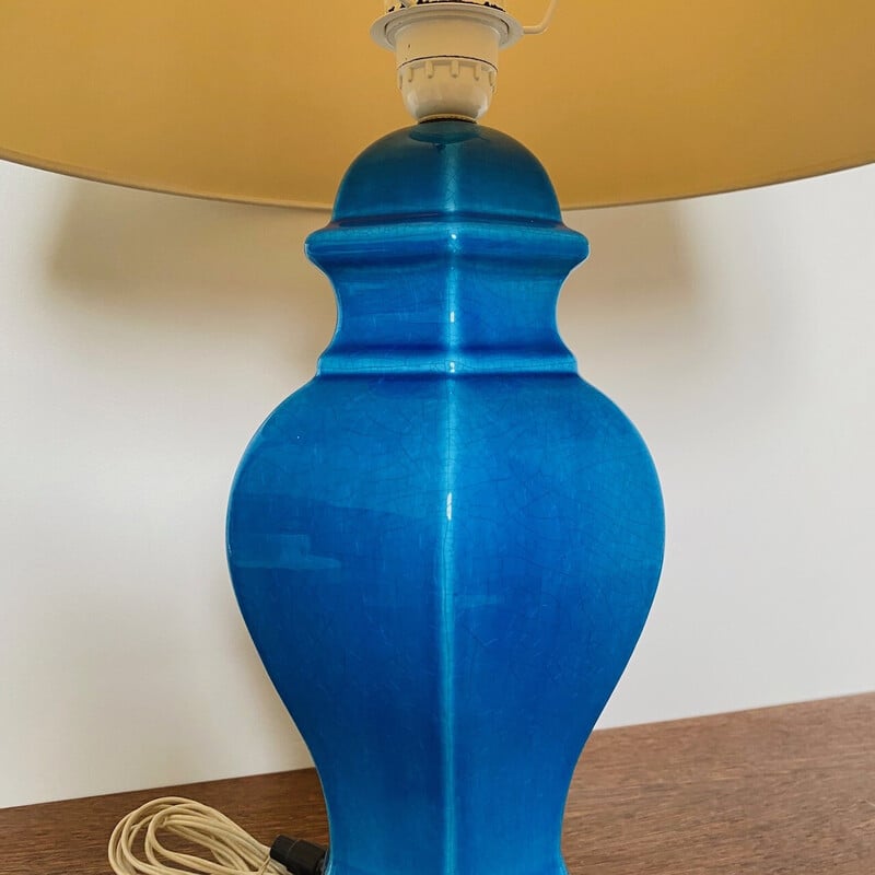 Vintage turquoise blue ceramic table lamp, France 1980s