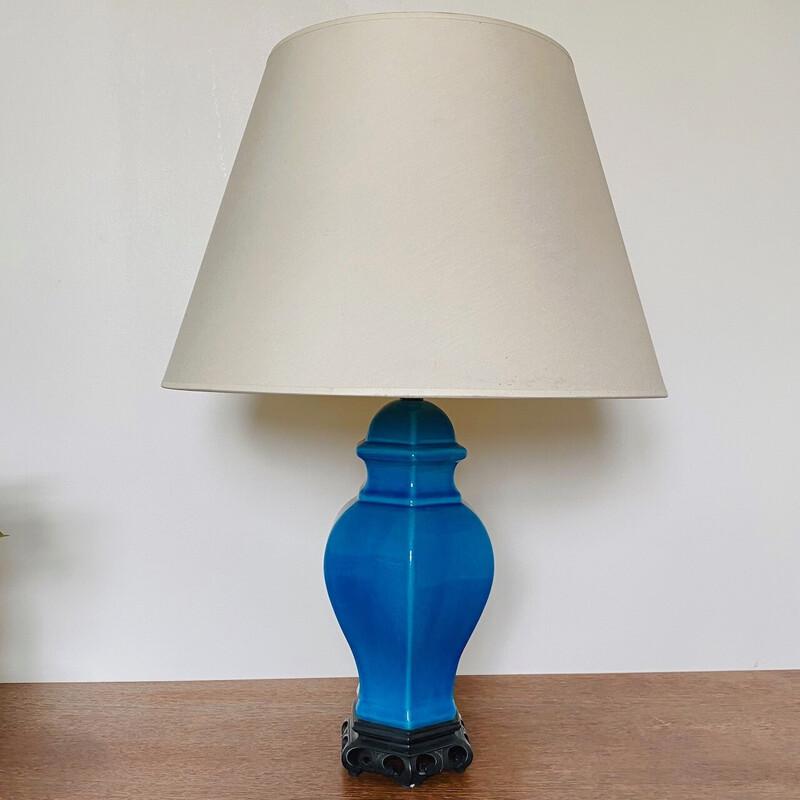 Vintage turquoise blue ceramic table lamp, France 1980s