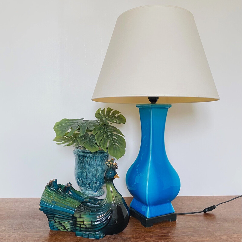 Vintage turquoise blue ceramic table lamp, France 1980s