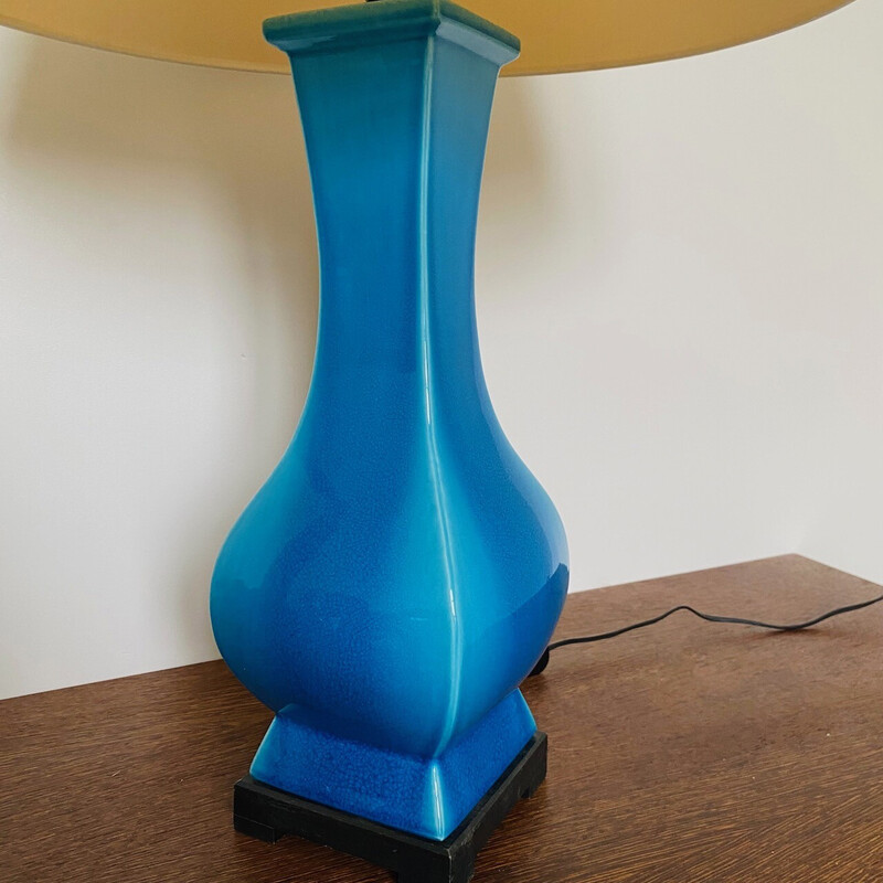 Vintage turquoise blue ceramic table lamp, France 1980s