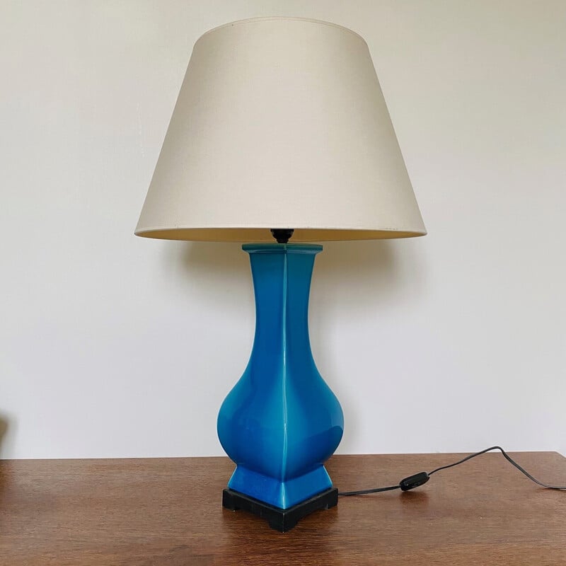 Vintage turquoise blue ceramic table lamp, France 1980s