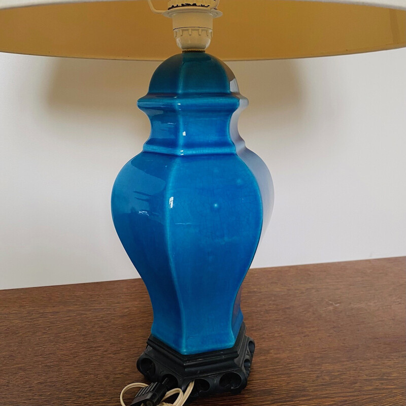 Vintage turquoise blue ceramic table lamp, France 1980s