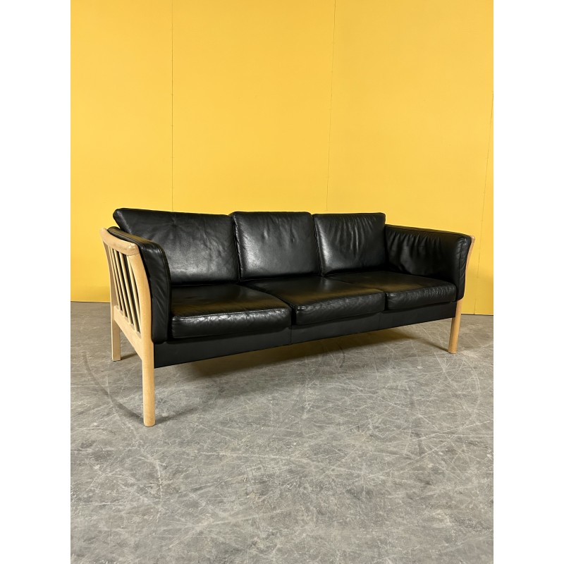 Vintage black leather and wood sofa, Denmark 1970s