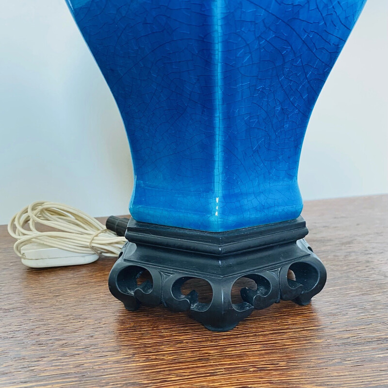 Lámpara de mesa en cerámica azul turquesa, Francia 1980