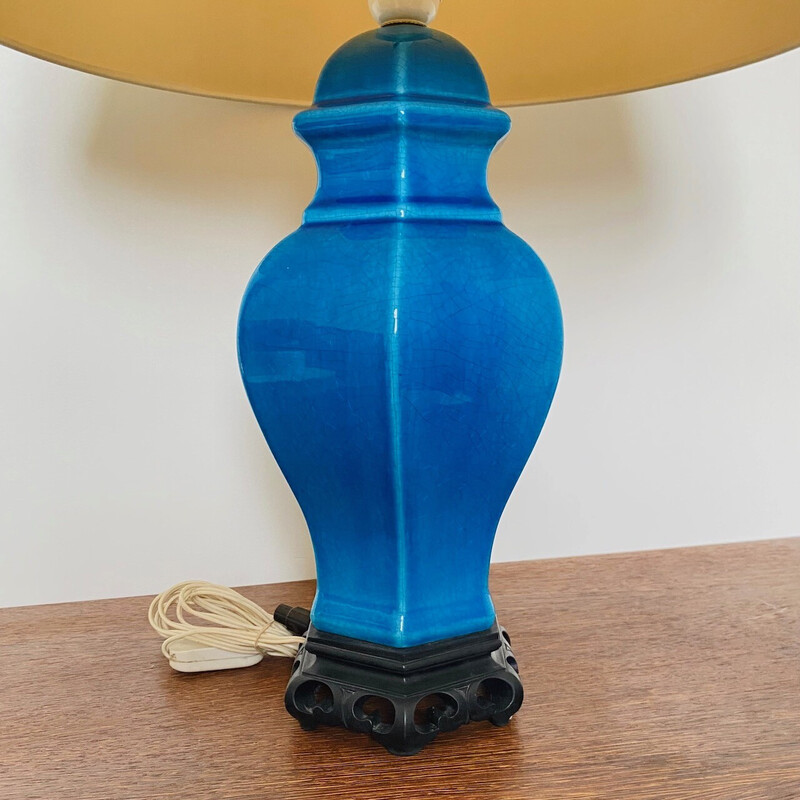 Turquoise blue ceramic table lamp, France 1980