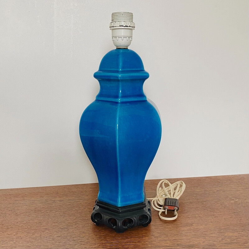Vintage-Tischlampe aus türkisblauer Keramik, Frankreich 1980