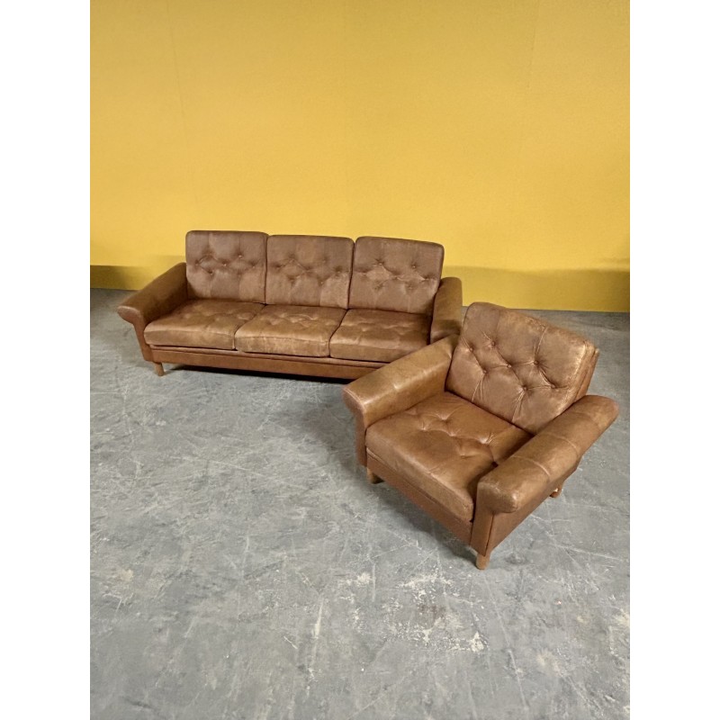 Danish vintage brown leather living room set, 1960s