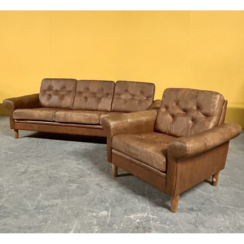 Danish vintage brown leather living room set, 1960s