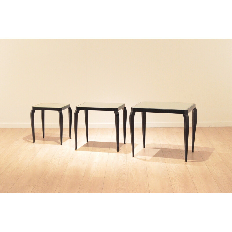 Set of nesting tables in curved wood and beveled mirror  - 1950s