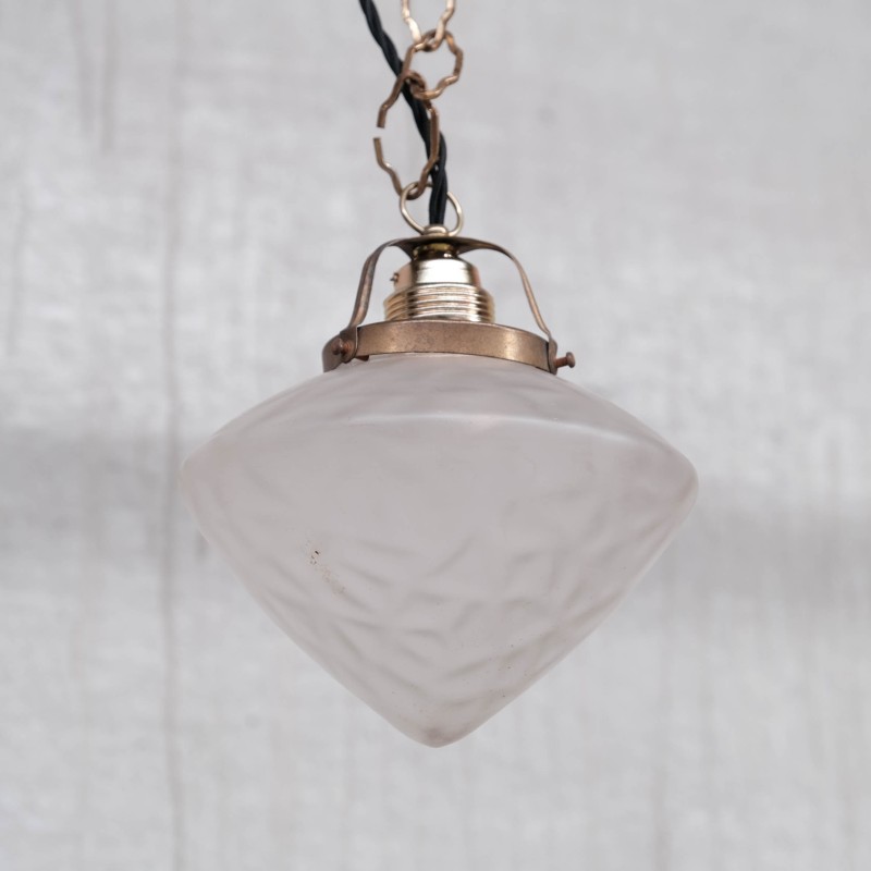 Mid-century opaque glass and brass pendant lamp, France 1960s