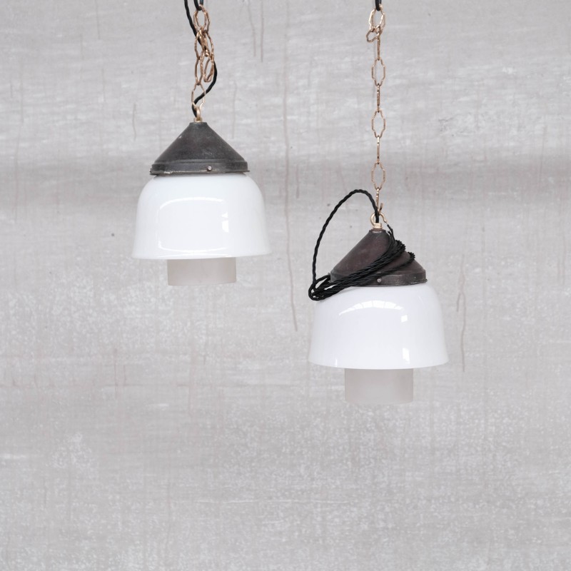Pair of vintage two-tone opal glass pendant lamps, France 1950s