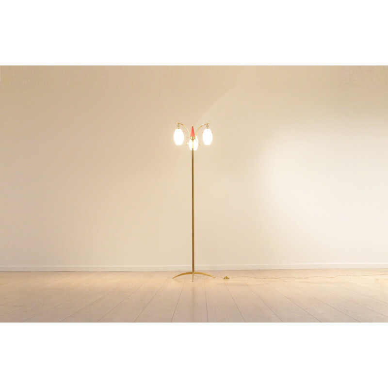 Brass & opaline italian tripod floor lamp - 1950s