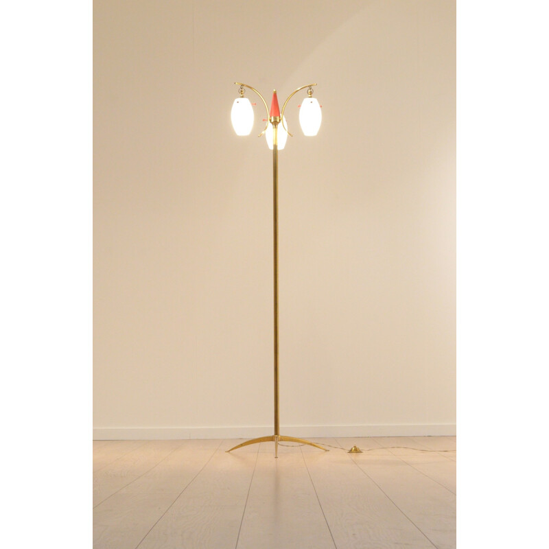 Brass & opaline italian tripod floor lamp - 1950s