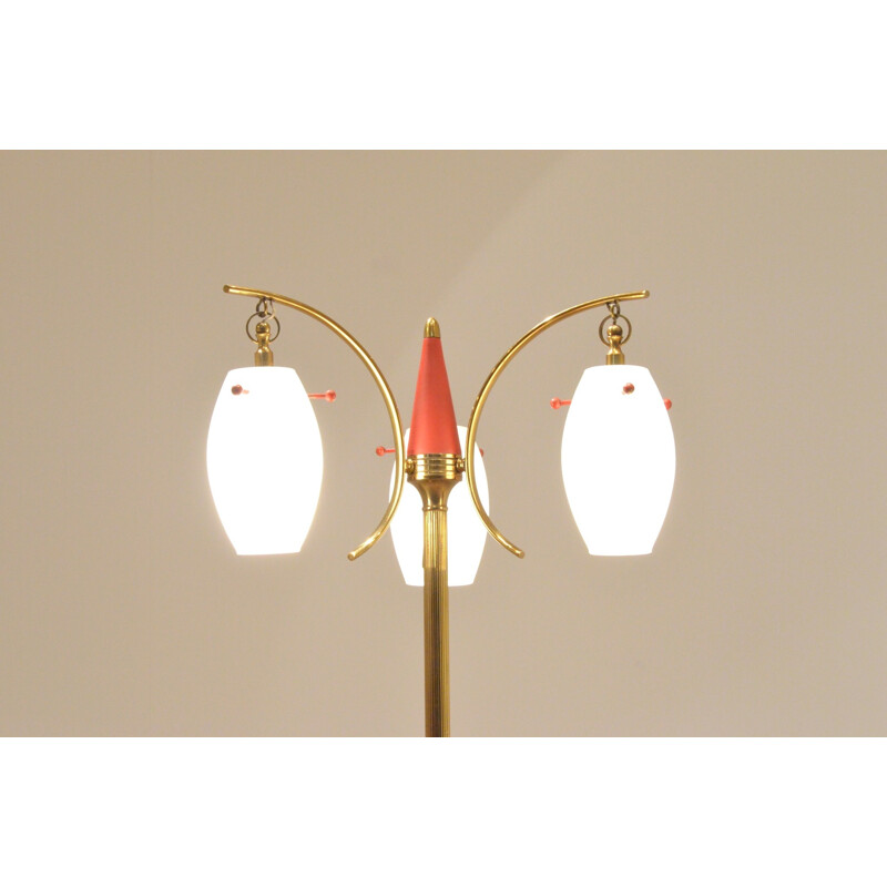 Brass & opaline italian tripod floor lamp - 1950s