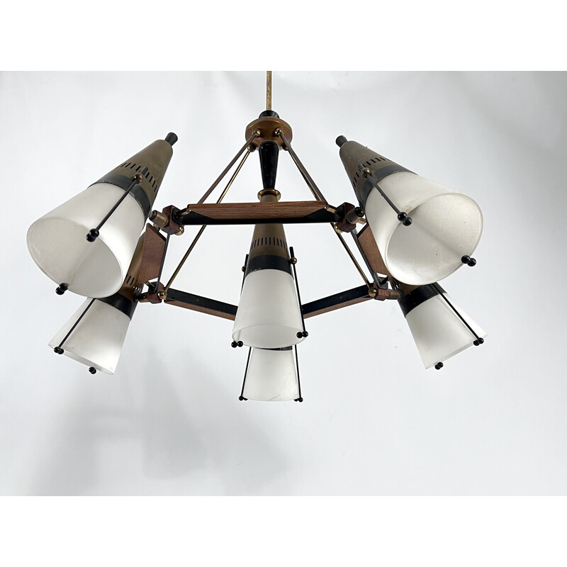 Vintage sputnik chandelier in wood, lacquered metal, brass and opaline glass by Stilnovo, Italy 1950s