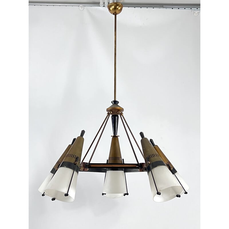 Vintage sputnik chandelier in wood, lacquered metal, brass and opaline glass by Stilnovo, Italy 1950s