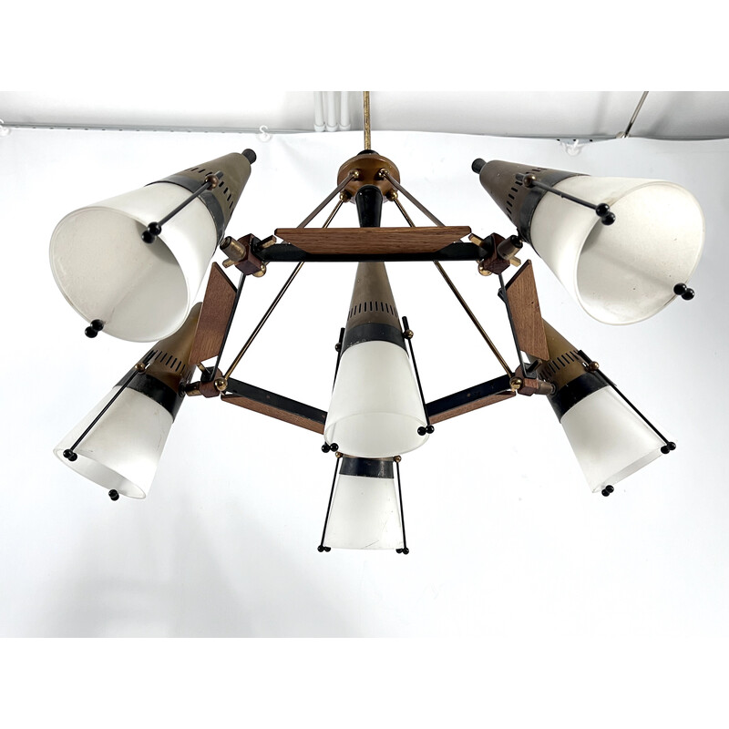 Vintage sputnik chandelier in wood, lacquered metal, brass and opaline glass by Stilnovo, Italy 1950s