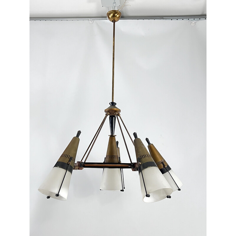 Vintage sputnik chandelier in wood, lacquered metal, brass and opaline glass by Stilnovo, Italy 1950s