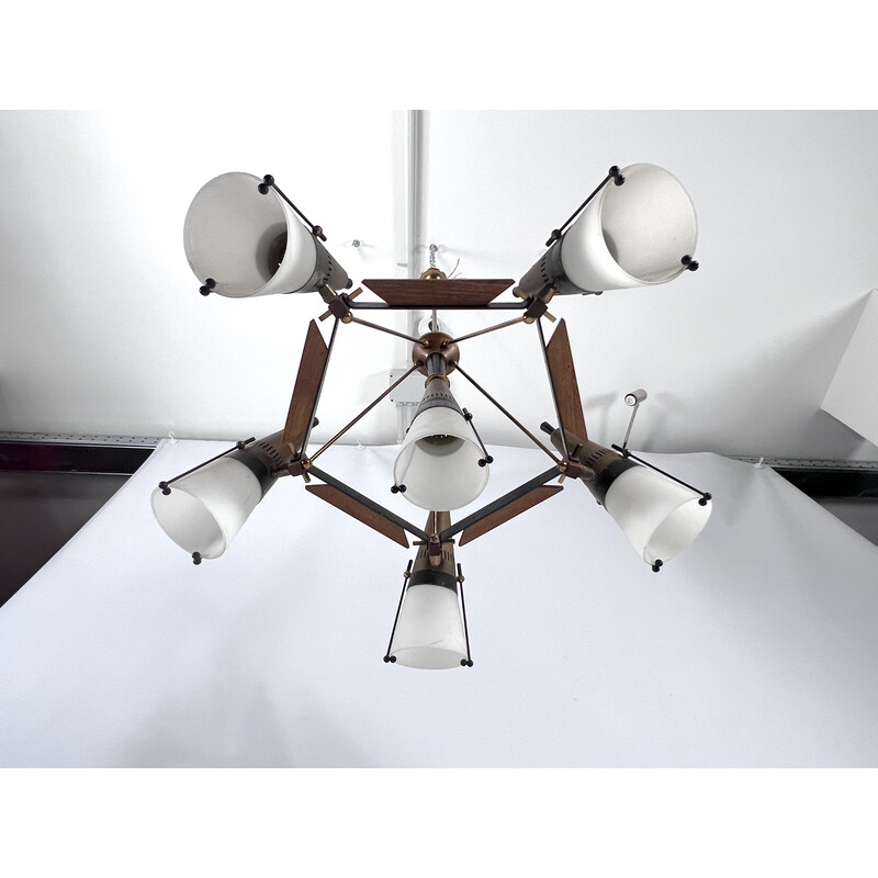 Vintage sputnik chandelier in wood, lacquered metal, brass and opaline glass by Stilnovo, Italy 1950s