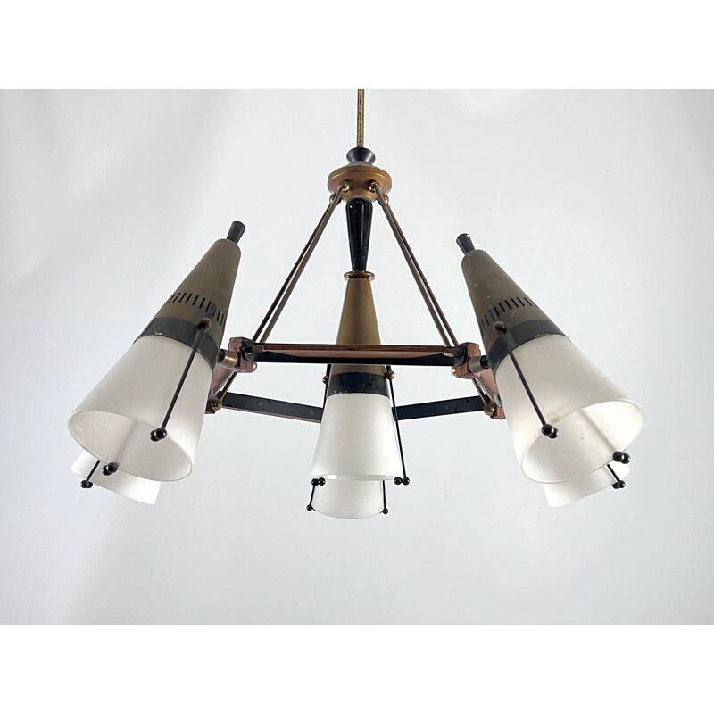 Vintage sputnik chandelier in wood, lacquered metal, brass and opaline glass by Stilnovo, Italy 1950s