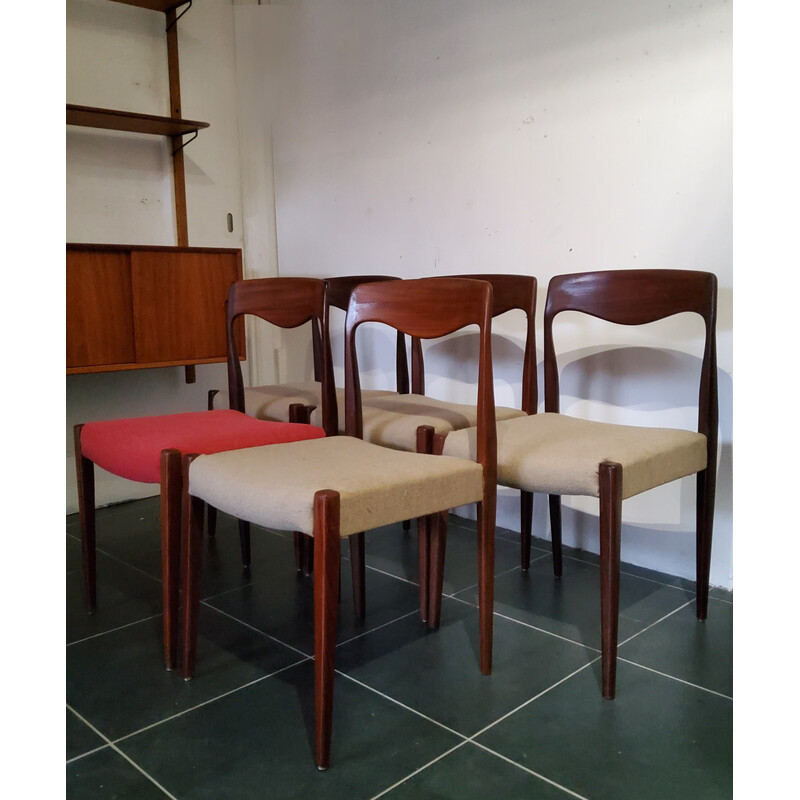 Set of 5 vintage teak and linen chairs, France 1960s