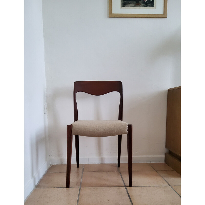 Set of 5 vintage teak and linen chairs, France 1960s
