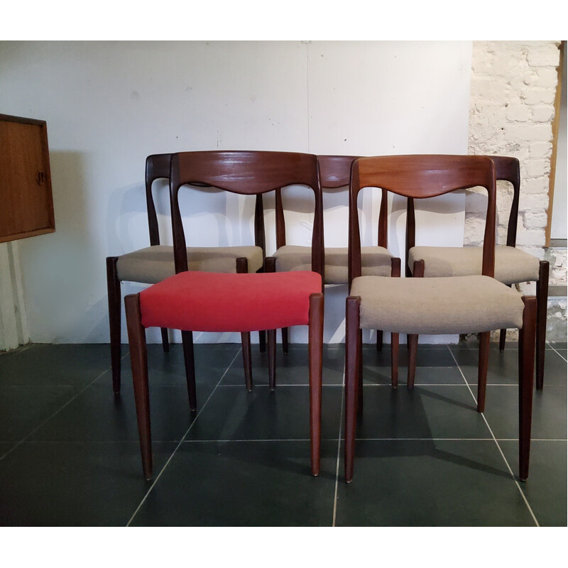 Ensemble de 5 chaises vintage en teck et lin, France 1960
