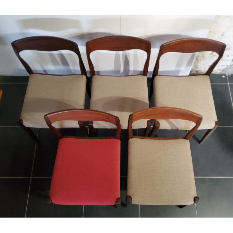 Conjunto de 5 cadeiras de teca e linho vintage, França 1960
