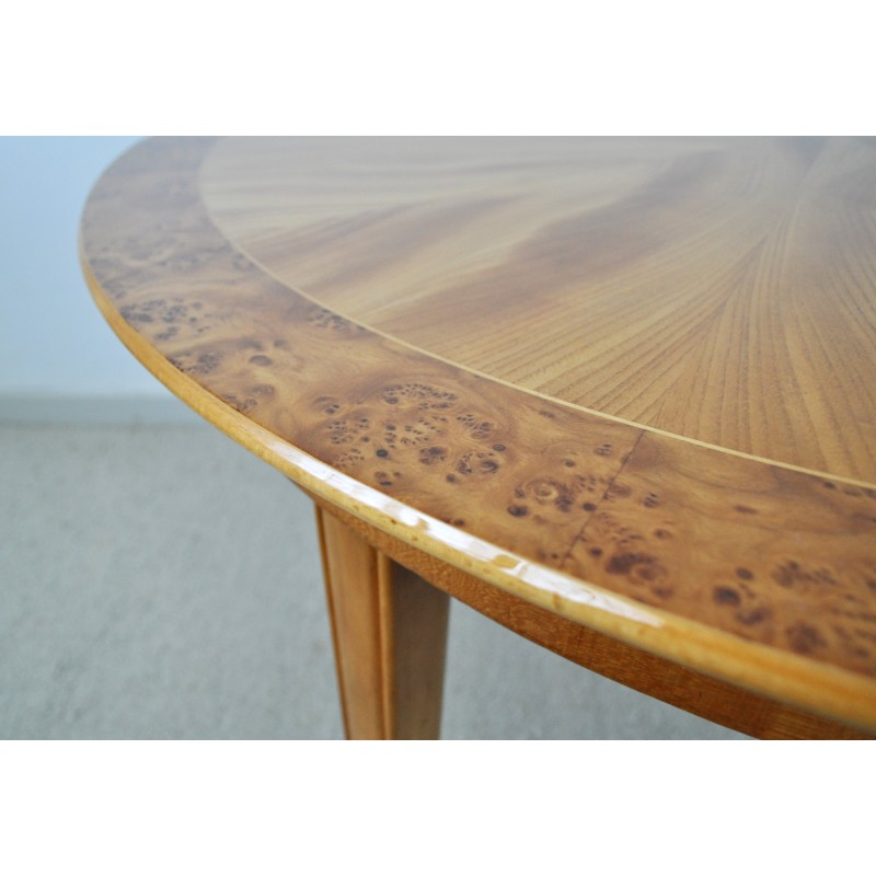 Vintage Art Deco side table in golden elm, burr walnut and birch, 1930s