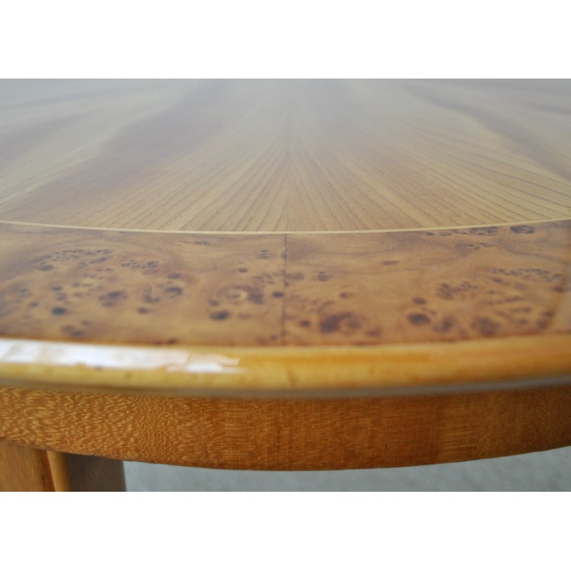 Vintage Art Deco side table in golden elm, burr walnut and birch, 1930s