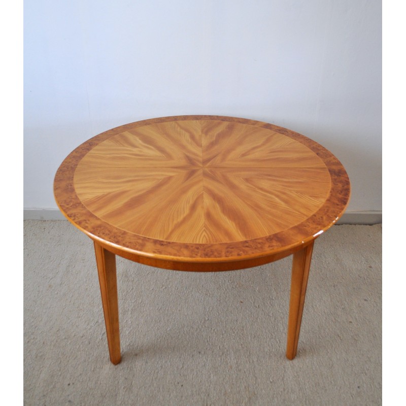 Vintage Art Deco side table in golden elm, burr walnut and birch, 1930s