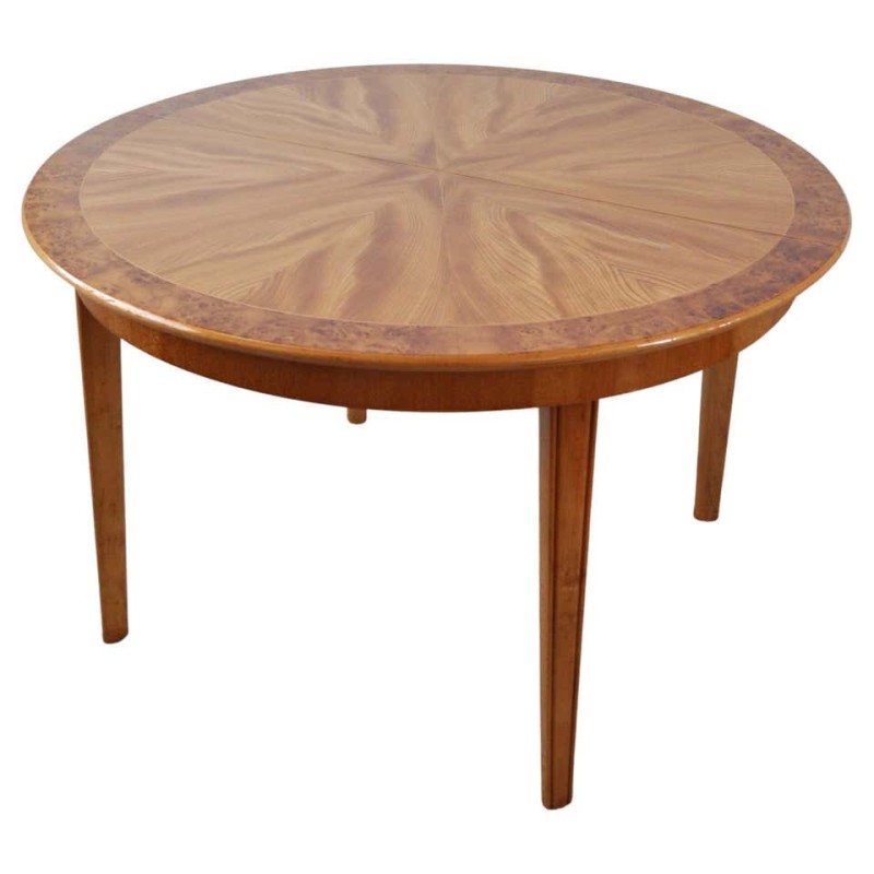 Vintage Art Deco side table in golden elm, burr walnut and birch, 1930s