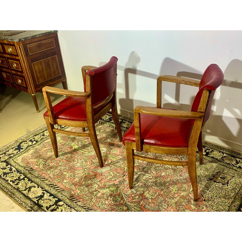 Paar vintage eiken en rood skai fauteuils van Maurice Jallot