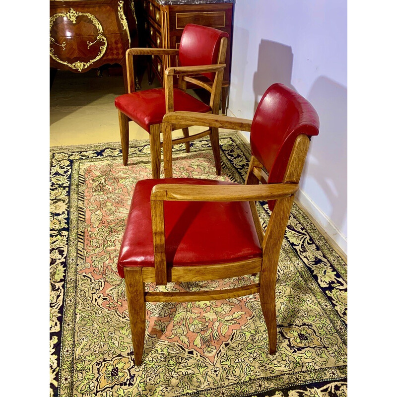 Pair of vintage armchairs in oak and red leatherette by Maurice Jallot
