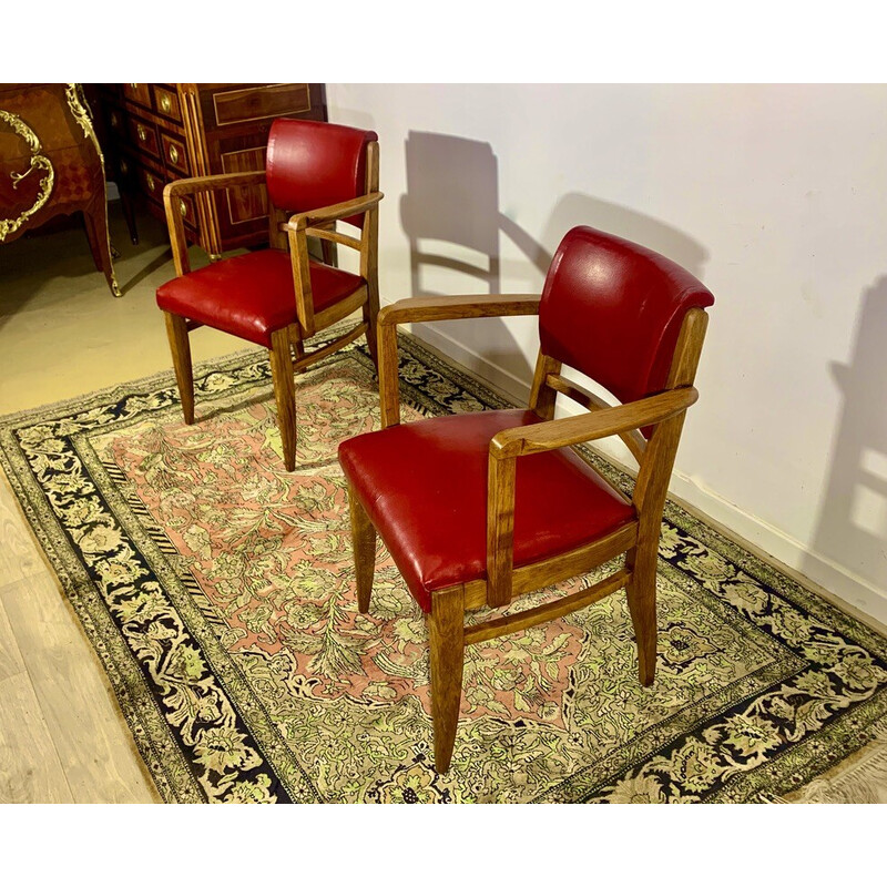 Pair of vintage armchairs in oak and red leatherette by Maurice Jallot