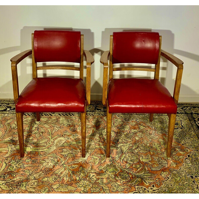 Pair of vintage armchairs in oak and red leatherette by Maurice Jallot