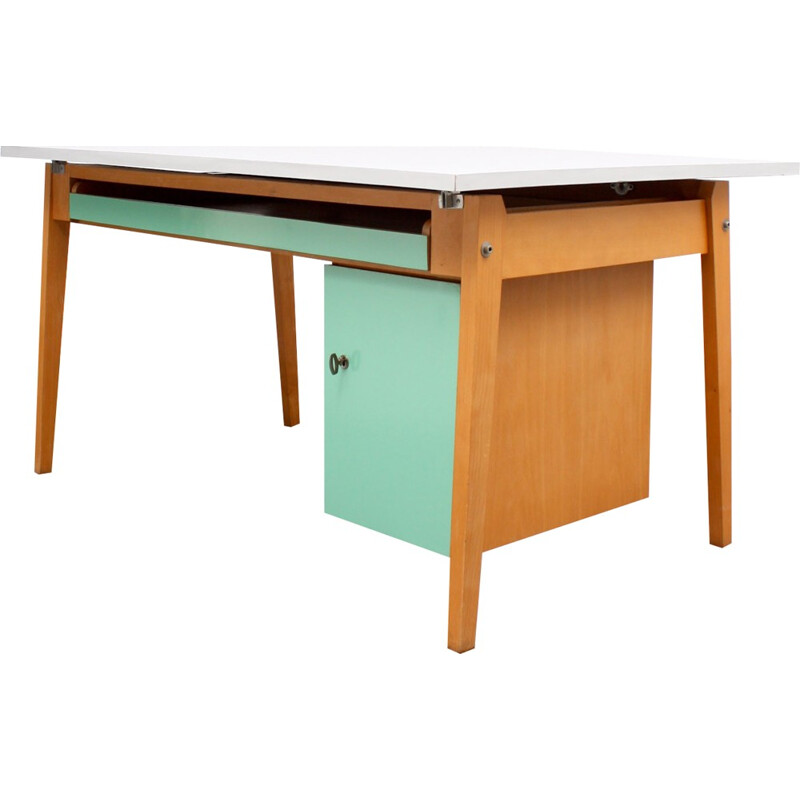 Large desk in solid beech wood with a green mint and grey coating - 1950s  