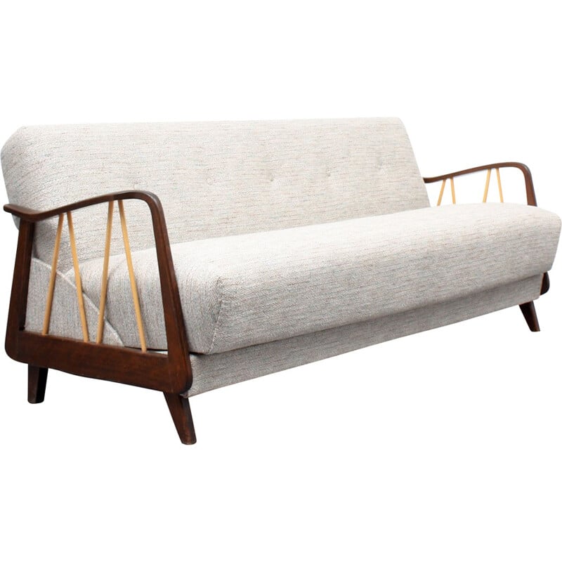 3-seater Sofa bed with stylized armrest in solid wood - 1950s
