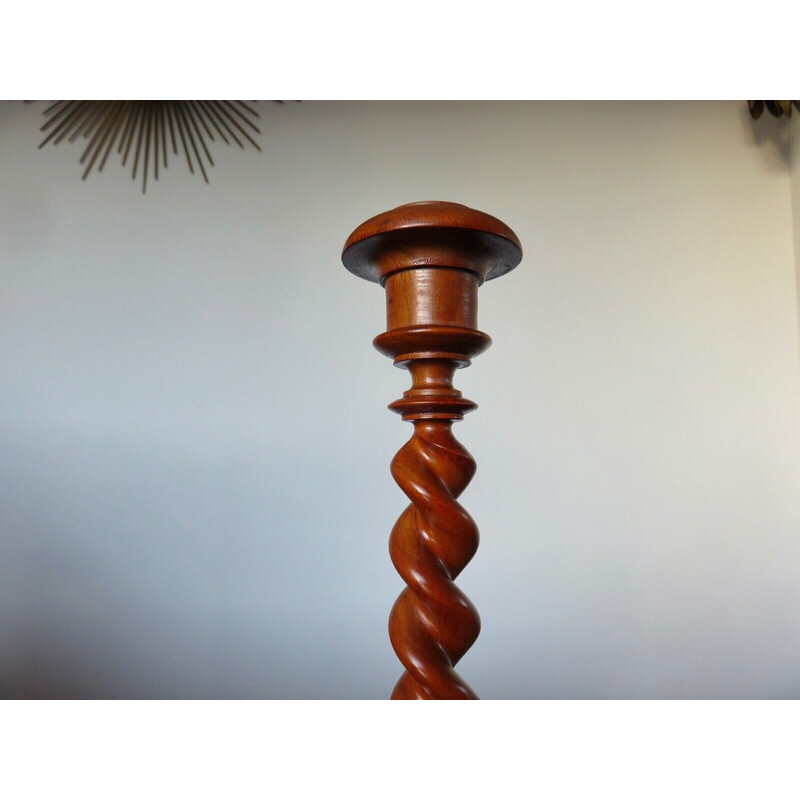 Pair of vintage candlesticks in turned wood, France 1930s