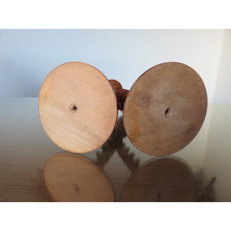 Pair of vintage candlesticks in turned wood, France 1930s