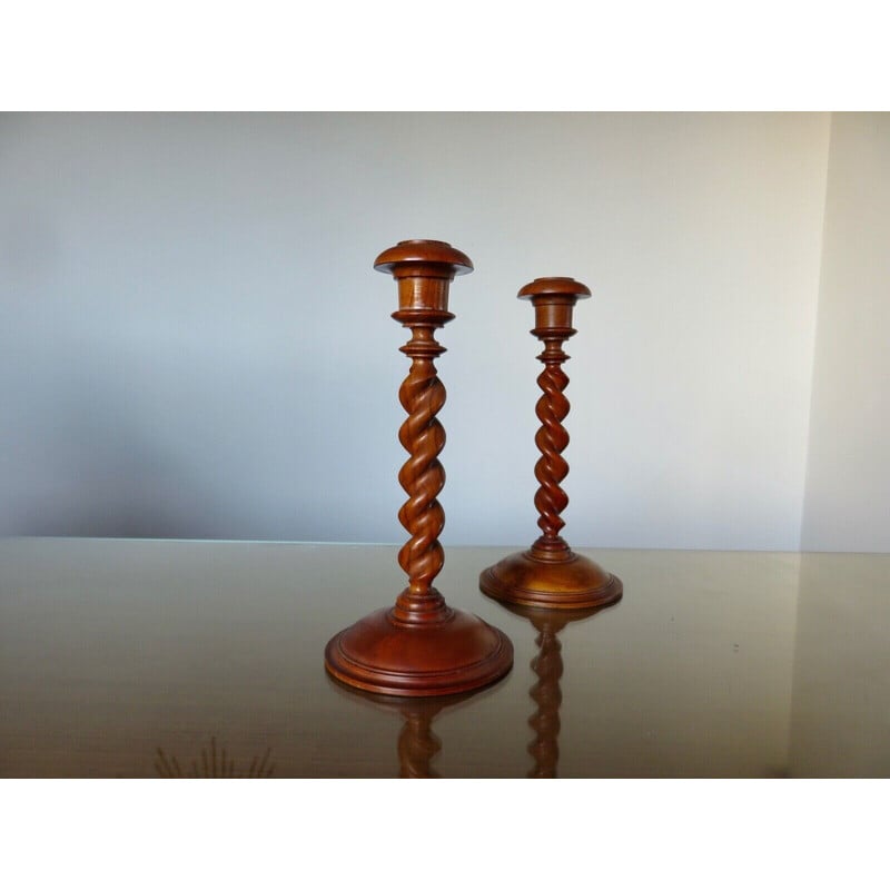 Pair of vintage candlesticks in turned wood, France 1930s