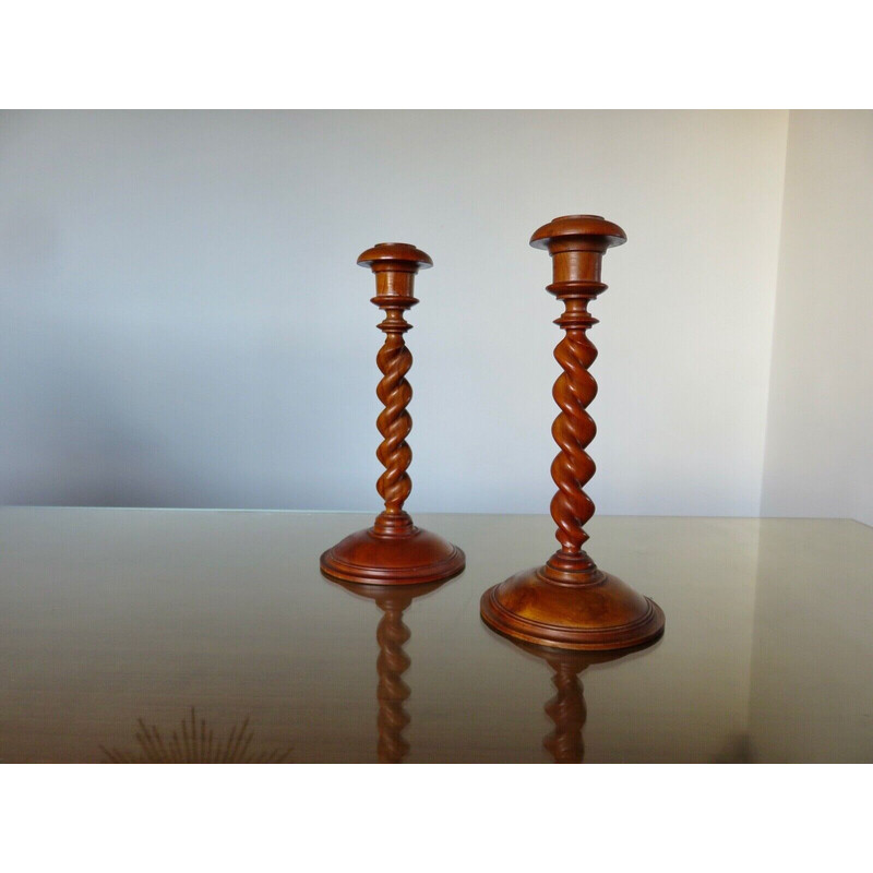Pair of vintage candlesticks in turned wood, France 1930s